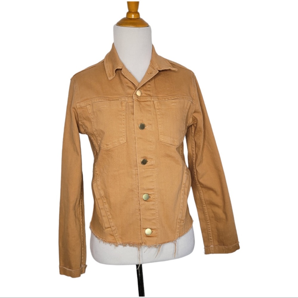 L'Agence Janelle Slim Jacket Dark Camel Denim Cropped Raw Hem Women Medium